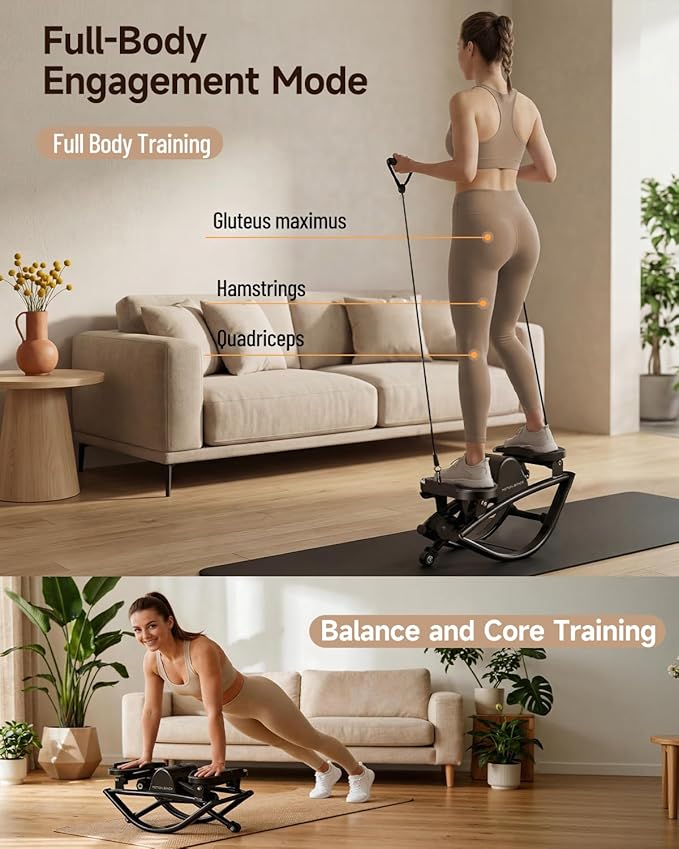 Rocking Stepper Machine, Fun Cardio Equipment with Resistance Bands, Space Saving Fitness Stepper, Quiet Skate Motion Workout for Home Office