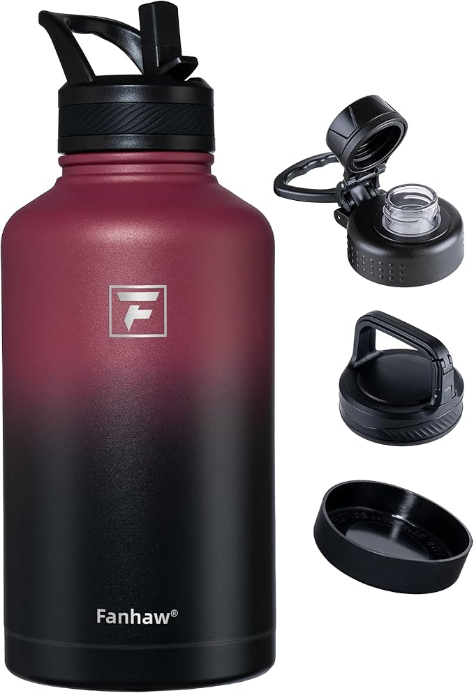 Fanhaw 64 oz Insulated Water Bottle – Large Stainless Steel Jug with 3 Lids (Straw, Spout, Carabiner) | Heavy-Duty, for Camping, Backpacking, Long Hikes & Outdoor Work (Red Black)