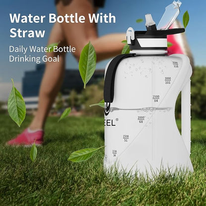TOOFEEL 1 Gallon Water Bottle with Straw & Chug Lid,BPA Free,Leak-Proof, Dishwasher Safe,128 oz Large Water Jug with Strap,Sports & Travel & Gym Water Bottle for Men and Women - White