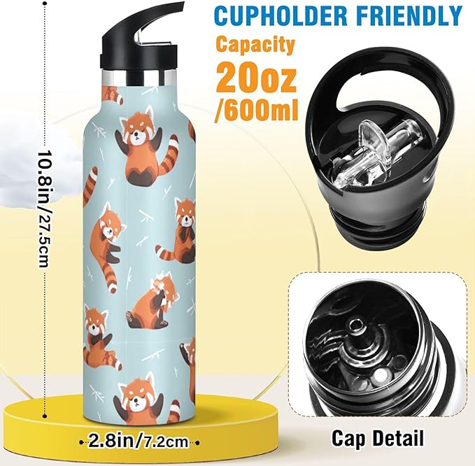 20 Oz Water Bottle for Boys Girls Cute Red Panda Kids Insulated Stainless Steel Water Cup for Sports Travel and School