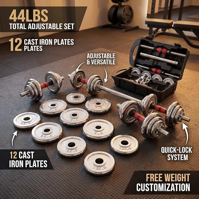Adjustable Dumbbell Set 44lbs – 2-in-1 Home Gym Cast Iron Barbell & Dumbbell Kit with Carry Box, Stainless Steel Handles, 12 Weight Plates for Men Women Office Bedroom Full-Body Workout