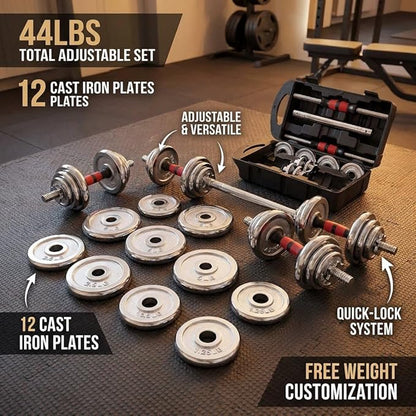 Adjustable Dumbbell Set 44lbs – 2-in-1 Home Gym Cast Iron Barbell & Dumbbell Kit with Carry Box, Stainless Steel Handles, 12 Weight Plates for Men Women Office Bedroom Full-Body Workout