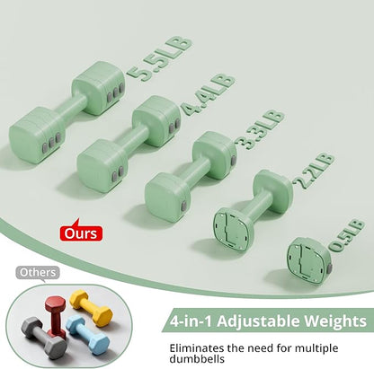 2-in-1 Adjustable Dumbbell Set for Women - 4 Levels (2.2lbs to 12.1lbs) - Home Gym Weights for Women at Home - Fitness Dumbbells