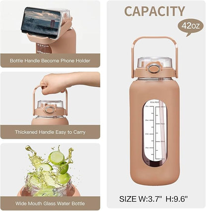 42oz/52oz/64oz Glass Water Bolttles with Straw Half Gallon Large Motivational Water Bottle with Time Marker Sports Water Bottles with Silicone Sleeve and Handle Lid Water Jug for Gym Workout