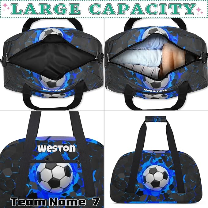 Personalized Sports Soccer Duffel Bags for School Boys, Custom Kids Name Number Duffle Gym Bag Sport Players FitnessTravel Weekender Lightweight Bags, Black Red Color