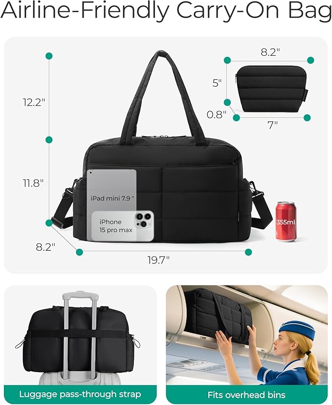 BAGSMART Gym Bag for Women, Lightweight Puffer Duffle Bag 2-PC Travel Bag, 31L Weekender Overnight Bag Quilted Carry On Tote Bag, Diaper Hospital Dance bag for Travel, Gym, Water Resistant, Black