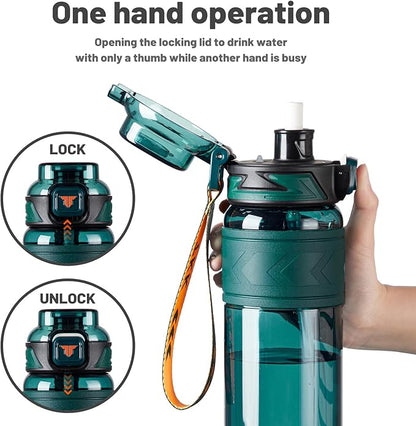 TKK Sports Water Bottles with Removable Straw 34 oz Leak-proof Flip Top Lid BPA Free Tritan Bottles with Strap for School, Fitness, Gym, Outdoor, Green