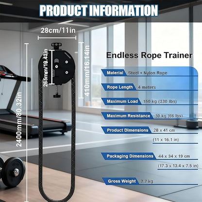 Endless Rope Trainer, Adjustable Resistance 30kg/330lbs Trainer Machine, Suspension Endless Rope Pulley System, Closed-Loop Nylon Rope, Home Gym Rope for Interval Resistance Training