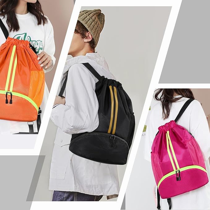 Hoedia Sports Drawstring Backpack - String Swim Gym Bag with Shoes Compartment and Wet Proof Pocket for Women&Men, Black Gold