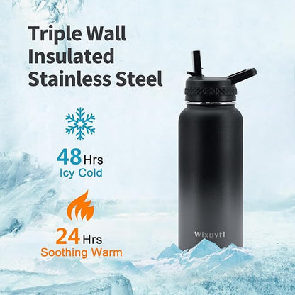 32 oz Insulated Water Bottle with Straw, Stainless Steel Triple Wall Vacuum Sports Water Jug, Leakproof Hydro Cup Flask with Paracord Handle & Straw Spout Lids & DIY Stickers