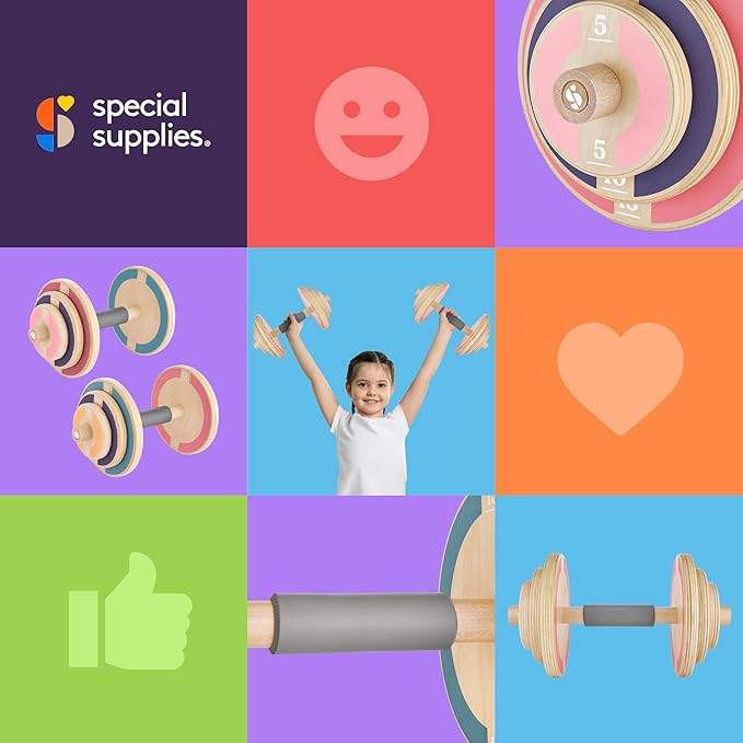 Special Supplies Kids Wooden Workout Play Weights Set - Adjustable Dumbbells Set for Home Gym Equipment, Exercise Workout Set for School or Home Fitness Activities, Pastel Colors (Set of 2 Dumbbells)