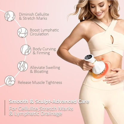 Lymphatic Drainage Massager & Anti Cellulite Massage Tool Helps Reduce Stretch Marks & Cellulite, Body Sculpting Machine For Legs, Arms & Belly with Microcurrent, Light, Heat & Vibration，With Body Oil