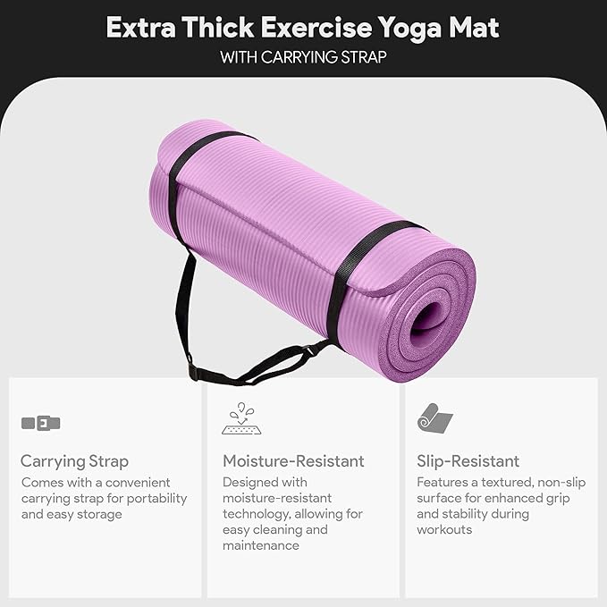 BalanceFrom 71x24 Inches Extra Thick Yoga Mat 1-Inch High-Density Foam – Roll-Up Exercise Pad with Double-Sided Non-Slip Surface and Carrying Strap for Pilates and Home Workouts, Multiple Colors