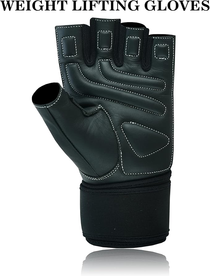 Weight Lifting Leather Padded Gloves for Men and Women Fingerless Body Building Long Wrist Support Training Gym Exercise Powerlifting Gloves Unisex Design