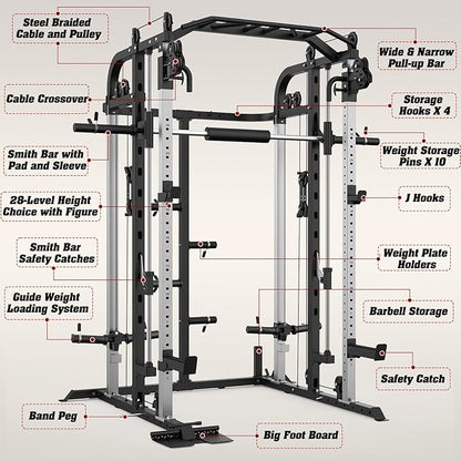 Smith Machine, Multifunctional Power Cage Rack with Smith Bar and Cable Pulley System, and LAT Pull Down Machine for Home Gym…