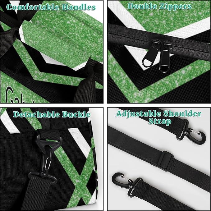 Custom Name Cheerleader Gym Bag for Kids Girls, Personalized Dance Sport Duffel Gymnastics Bag Travel Weekender Outdoor Tote Carry-On Bag, Green Black Glitter Sequins