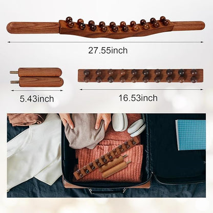 Wood Therapy Guasha Wood Stick Massage Tools, Lymphatic Drainage Massage Stick, Stomach Cellulite Massager, Myofascial Release Tool, Ease Pain Self Body Sculpting, Mountable Handle Double Row 20 Beads