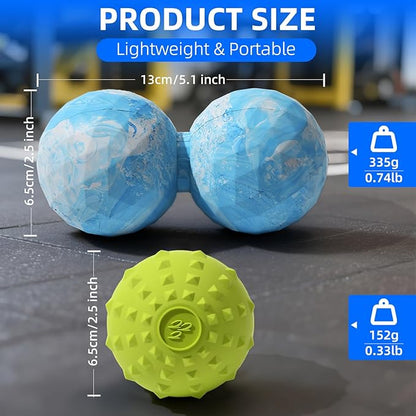 Peanut & Spiky Massage Ball Set, Double Lacrosse Peanut Roller + Firm Spiky Ball for Deep Tissue Myofascial Release, Trigger Point Therapy, Plantar Fasciitis & Muscle Recovery (Blue Mix White+Yellow)