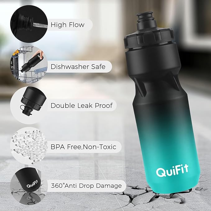 QuiFit Squeeze Water Bottle 2-Pack, Leak Proof Mountain Bike Water Bottle Plastic with Dust Cover, BPA Free, Fits Most Bike Cup Holders, for Outdoors, Riding, Gym(Black+Black Green, 24oz)