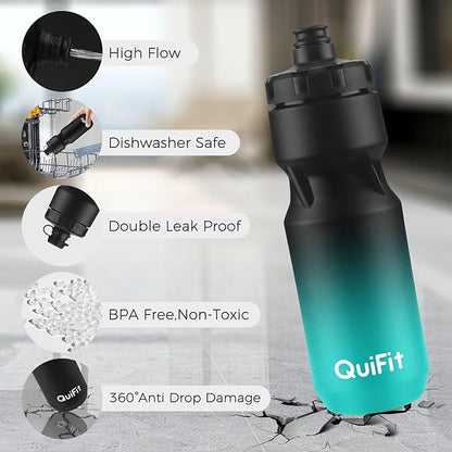 QuiFit Squeeze Water Bottle 2-Pack, Leak Proof Mountain Bike Water Bottle Plastic with Dust Cover, BPA Free, Fits Most Bike Cup Holders, for Outdoors, Riding, Gym(Black+Black Green, 24oz)