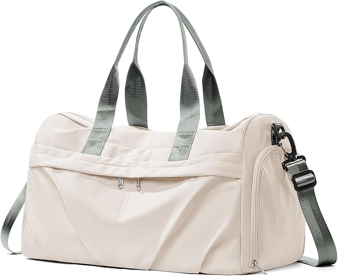 Gym Bag for Women Men with Shoe Compartment, Sport Duffel Bag, Waterproof Travel Weekender Overnight Carry on Bag for Yoga with Trolley Sleeve, Beige Green