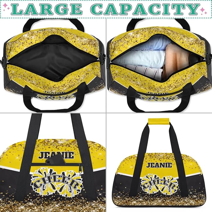 Personalized Cheer Gym Bags for Girls Kids Cheerleaders with Custom Name Sport Dance Perform Training Duffel Bags for Overnight Weekender Travel Yellow Black