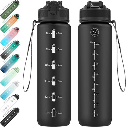 EYQ 32 oz Water Bottle with Time Marker, Carry Strap, Leak-Proof Tritan BPA-Free, Ensure You Drink Enough Water for Fitness, Gym, Camping, Outdoor Sports