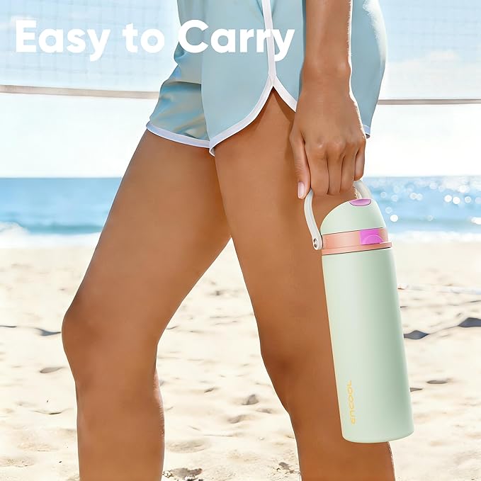 Insulated Water Bottle with Straw - Encool Stainless Steel Water Bottle with Push Button Lid, Leak-Proof & BPA-Free, Keeps Cold for 24 Hours for Sports, Travel, Gym (24 oz, Geyser Green)