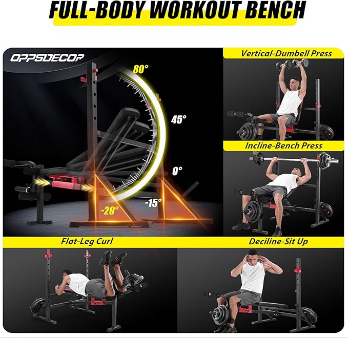 OPPSDECOR 900LBS Weight Bench Set with Squat Rack Foldable Bench Press Set with Leg Extension & Leg Curl Professional Flat/Incline/Decline Workout Bench for Home Gym Full Body Exercise