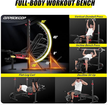 OPPSDECOR 900LBS Weight Bench Set with Squat Rack Foldable Bench Press Set with Leg Extension & Leg Curl Professional Flat/Incline/Decline Workout Bench for Home Gym Full Body Exercise