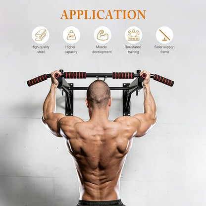 Wall Mounted Pull Up Bar, 250 lbs Heavy Duty Upper Body Fitness Workout Bar for Home Gym Exercise, Multi-Grip Strength Wall Mounted Door Frame Chin-Up Bar for Almost All Door, Pull Up Assistance Bands