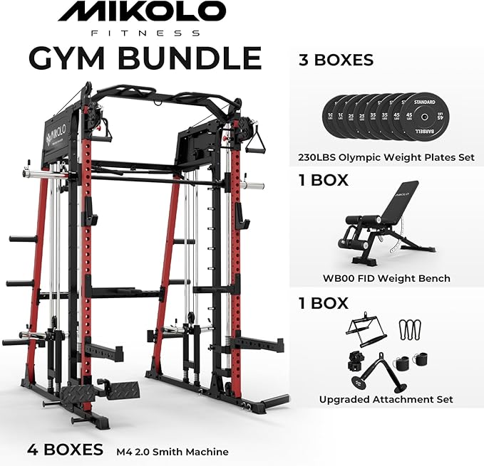 Mikolo M4 2.0 Standard/Ultra/Elite Smith Machine, 2200lbs Squat Rack with LAT-Pull Down System & Cable Crossover Machine, Training Equipment with Leg Hold-Down Attachment