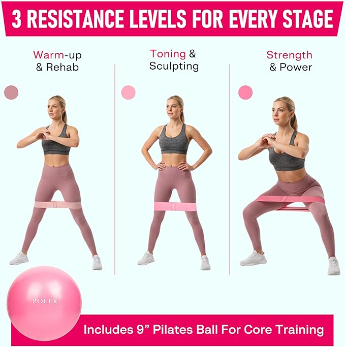 Poler Fit Kit: Fabric Resistance Bands Kit with 3 Levels (Light, Medium, Heavy) + 9″ Pilates Ball for Home Workouts – Exercise Bands Set for Strength Training, Pilates, Yoga, Glutes, Legs & Full Body