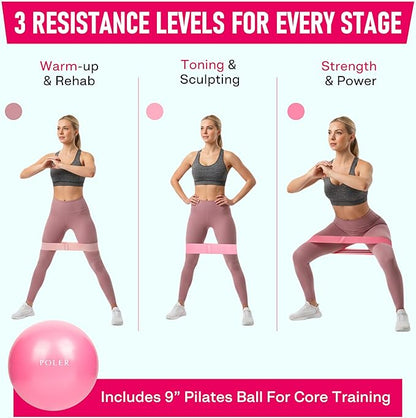 Poler Fit Kit: Fabric Resistance Bands Kit with 3 Levels (Light, Medium, Heavy) + 9″ Pilates Ball for Home Workouts – Exercise Bands Set for Strength Training, Pilates, Yoga, Glutes, Legs & Full Body