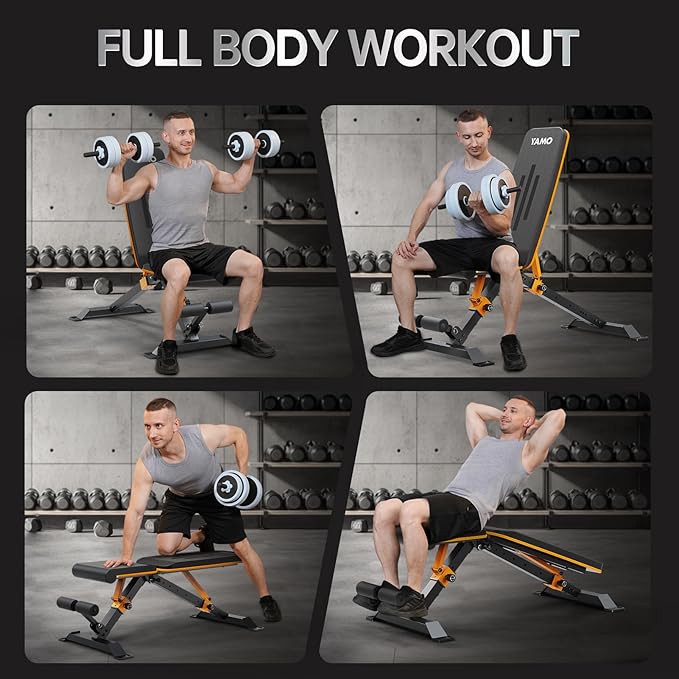 YAMO Adjustable Weight Bench for Full Body Workout, Foldable Workout Bench of Home Gym, Bench Press Strength Training, Incline Decline Flat Utility Workout Bench with Quick Folding Space Saving