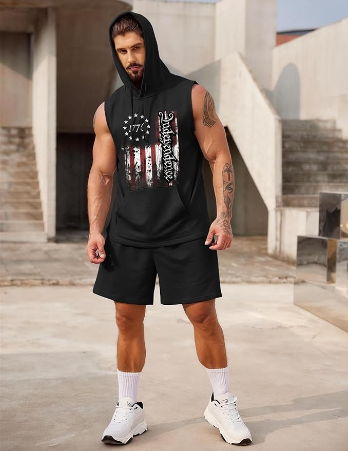 COOFANDY Mens Sleeveless Workout Hoodie Shorts Set 2 Piece Outfits Hooded Tank Tops Gym Tracksuit Sweatsuits