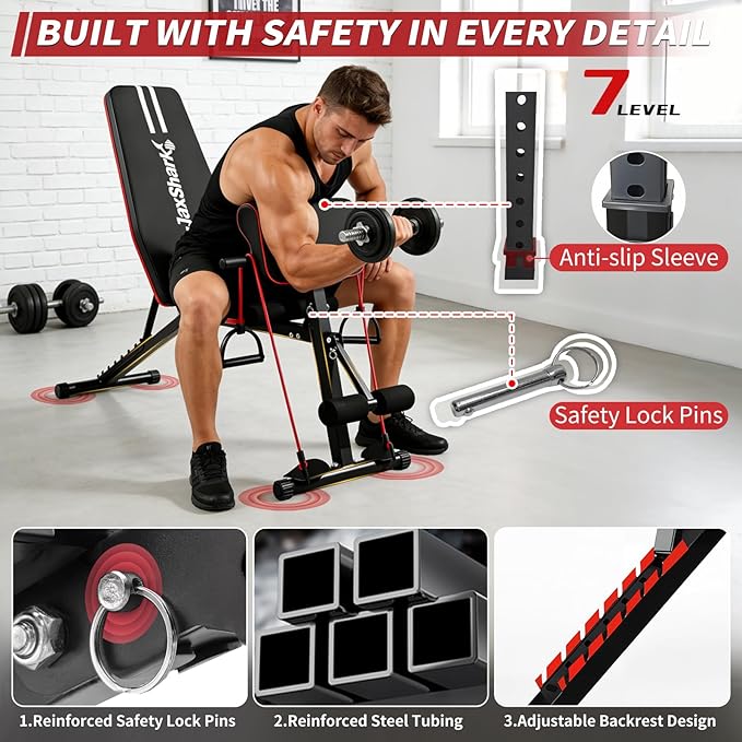 Adjustable Weight Bench, Foldable Workout Bench Press, Weight Benches for Home Gym, Workout Equipment for Full Body Exercise