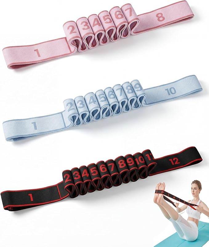 3pcs Resistance Bands with Number 8/10/12 for Women and Kids, Yoga Stretching Ballet, Stretch Strap for Exercise Hamstring Stretcher Physical Therapy Band