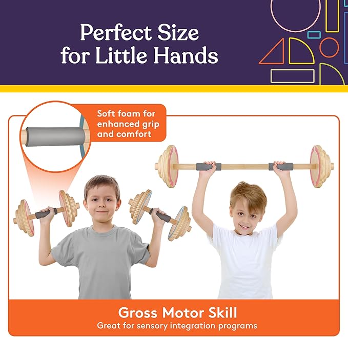 Special Supplies Kids Wooden Workout Play Weights Set - Adjustable Dumbbells and Barbell Set for Home Gym Equipment, Exercise Workout Set for School or Home Fitness Activities, Pastel Colors (Set of 1 Barbell and 2 Dumbbells)