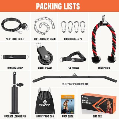 SERTT Cable Pulley System Gym, Power Rack Pulley Attachment with 2-in-1 LAT Pull Down Bar and Upgraded Loading Pin,Used for Triceps Pulldown, Biceps, Back, Shoulder