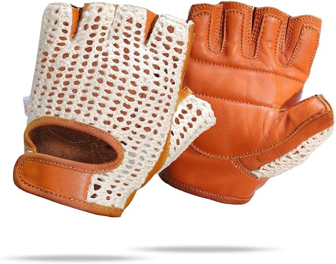 Real Soft Leather Crochet Net Fingerless Driving Weight Training Cycling Wheelchair Gloves W-1037