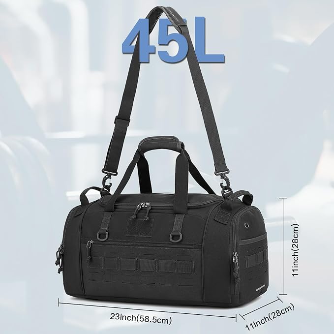 Gym Bag for Men Women 45L Sports Duffle Bag for Travel Tactical Military Duffel Bag with Shoe & Laptop Compartment Lightweight Medium Weekender Travel Bags for Fitness Training Workout, Black