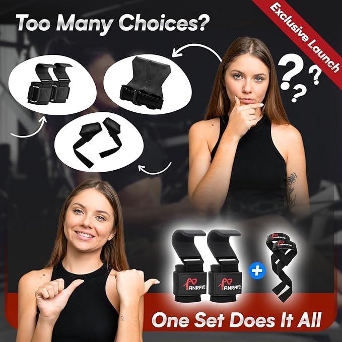 Weight Lifting Hooks & Wrist Straps Set – Lifting Hooks with Anti-Slip Grip, Adjustable Wrist Wraps for Weightlifting, Deadlifts, Powerlifting, Gym Straps for Men and Women