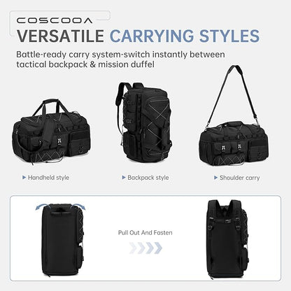 Tactical Gym Bags for Men, Carry On Luggage 22x14x9 Airline Approved, 3 in 1 Duffle Bag with Shoe Compartment,Travel Backpack Weekender Overnight Range Bag for Workout Football, Black