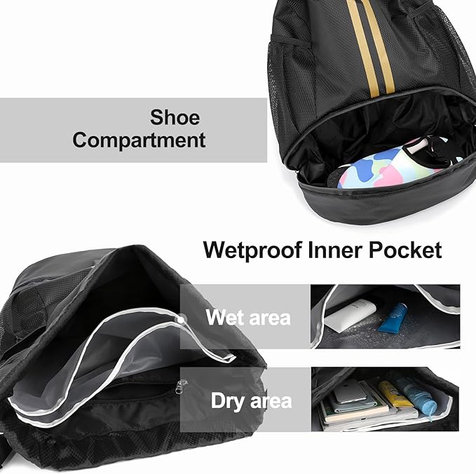 Hoedia Sports Drawstring Backpack - String Swim Gym Bag with Shoes Compartment and Wet Proof Pocket for Women&Men, Black Gold
