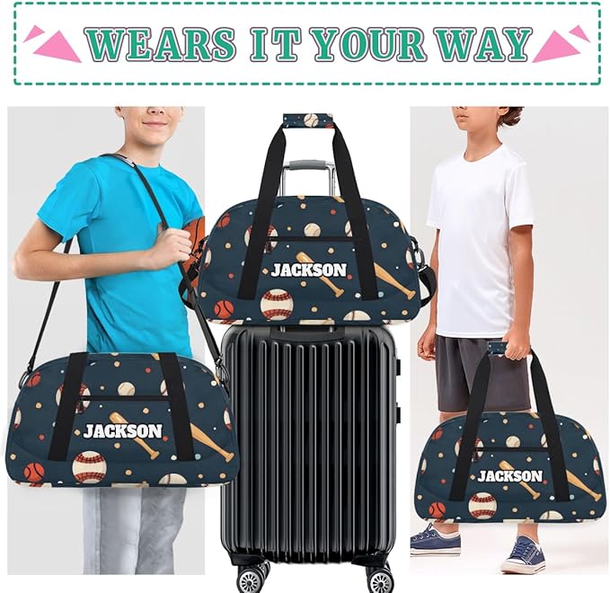 Personalized Baseball Gym Duffel Bags for Kids Boys with Custom Name Sport Training Travel Bags for Overnight Weekender, Dark Blue