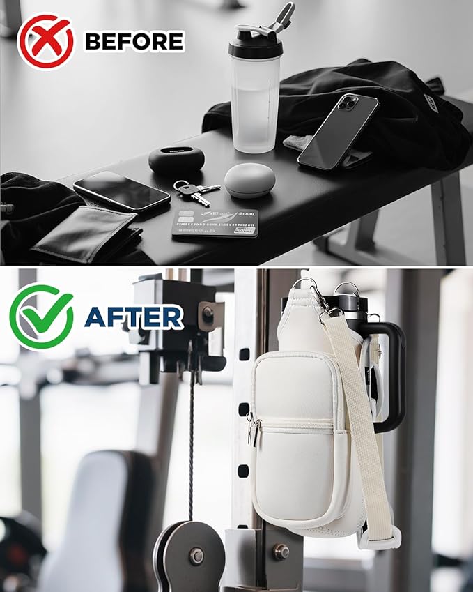 IPOW Magnetic Gym Bag Water Bottle Carrier Holder with Phone Pockets & Shoulder Strap for Men Women,Water Bottle Holder, Gym Pouch, Crossbody Bag for Travel, Sports, Work, Fitness - Beige