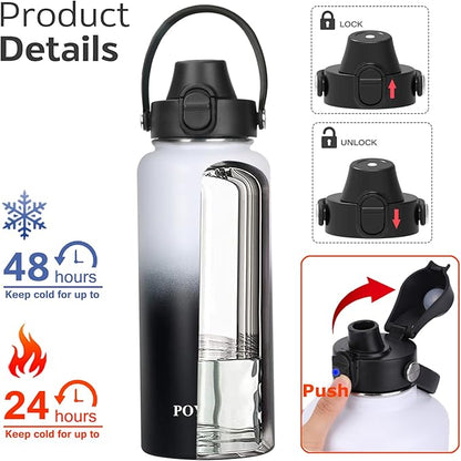 Water Bottle Insulated 32oz 40oz 64oz 128oz Straw Lid Spout Lid & 3 Lids, Leak Proof, Vacuum Insulated,Stainless Steel Water Bottle Wide Mouth for Sports, Gym or Office