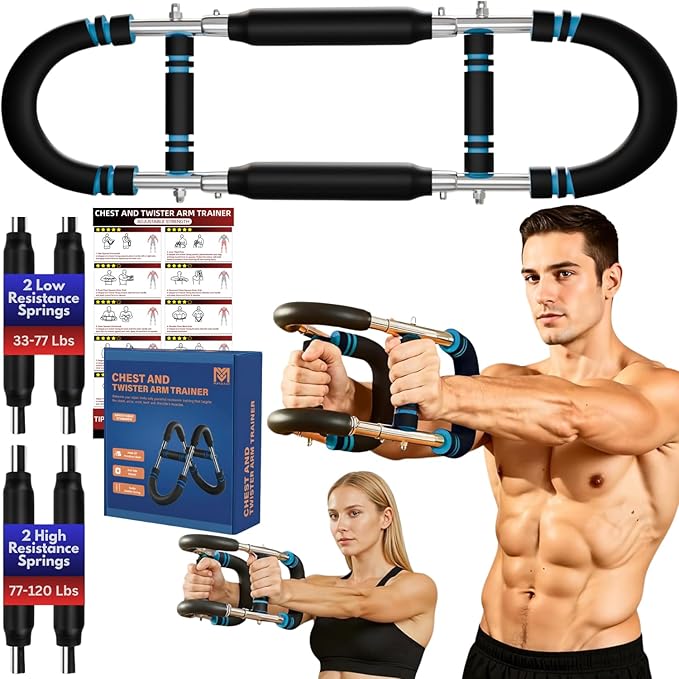 Twister Arm Trainer for Men and Women, Adjustable 5 Resistance Levels (33-120 lbs) Chest & Arm Workout Equipment with 4 Springs and Training Manual, Home Gym Strength Trainer with Anti-Slip Handles
