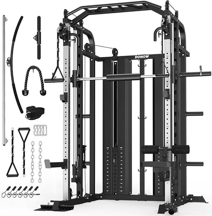 DONOW Smith Machine with Weight Stacks, Multi Function Home Gym System Training Power Cage Squat Rack Dual Cable Crossover Machine All in One